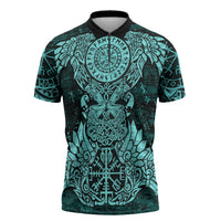 Valknut Ravens and Vegvisir Helm of Awe Zipper Polo Shirt Viking Nordic Celtic Knotwork Turquoise Runic Art