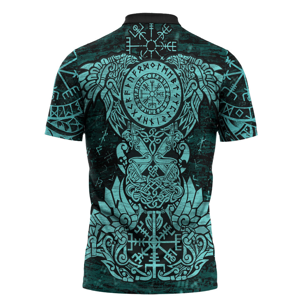 Valknut Ravens and Vegvisir Helm of Awe Zipper Polo Shirt Viking Nordic Celtic Knotwork Turquoise Runic Art