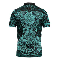 Valknut Ravens and Vegvisir Helm of Awe Zipper Polo Shirt Viking Nordic Celtic Knotwork Turquoise Runic Art