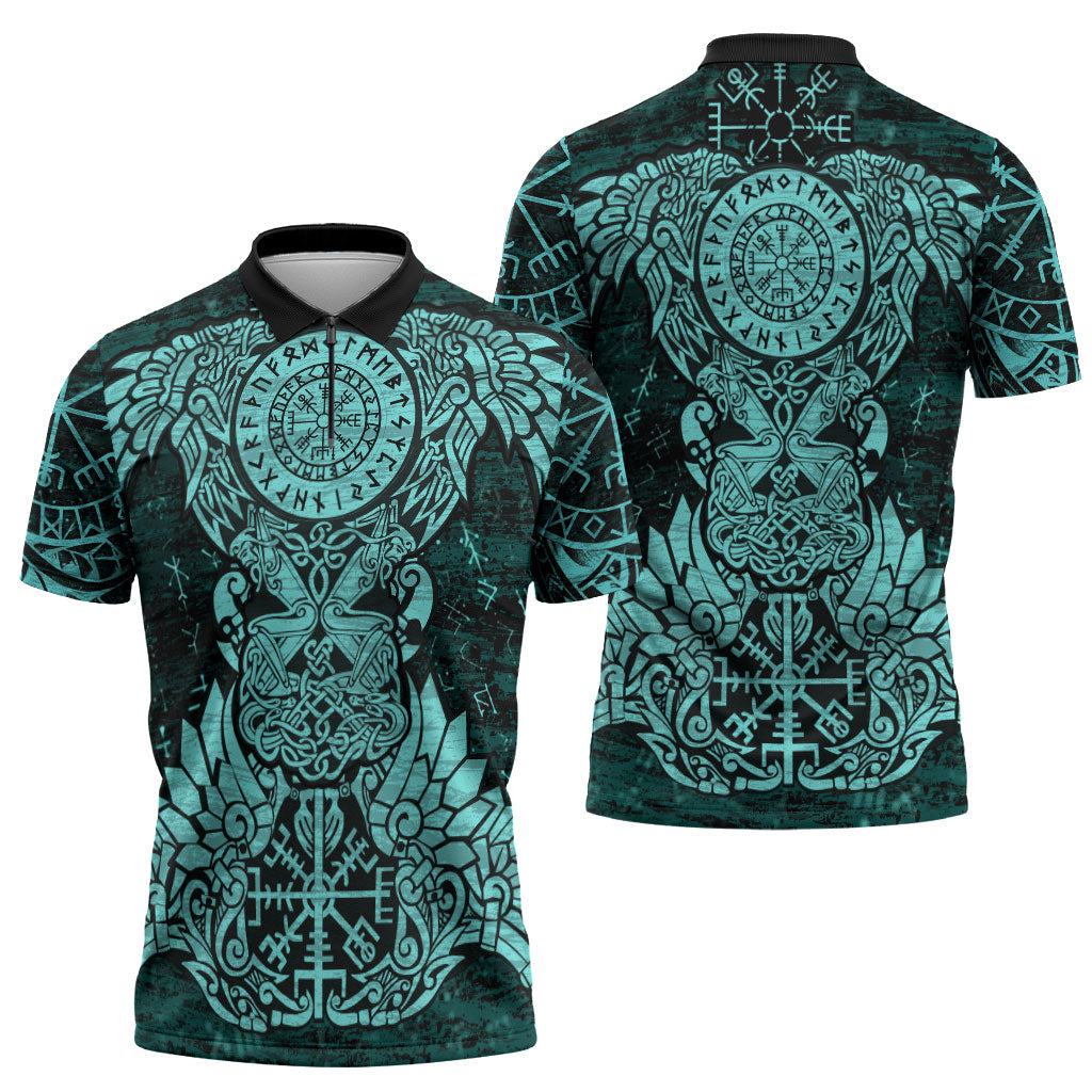 Valknut Ravens and Vegvisir Helm of Awe Zipper Polo Shirt Viking Nordic Celtic Knotwork Turquoise Runic Art