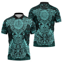 Valknut Ravens and Vegvisir Helm of Awe Zipper Polo Shirt Viking Nordic Celtic Knotwork Turquoise Runic Art