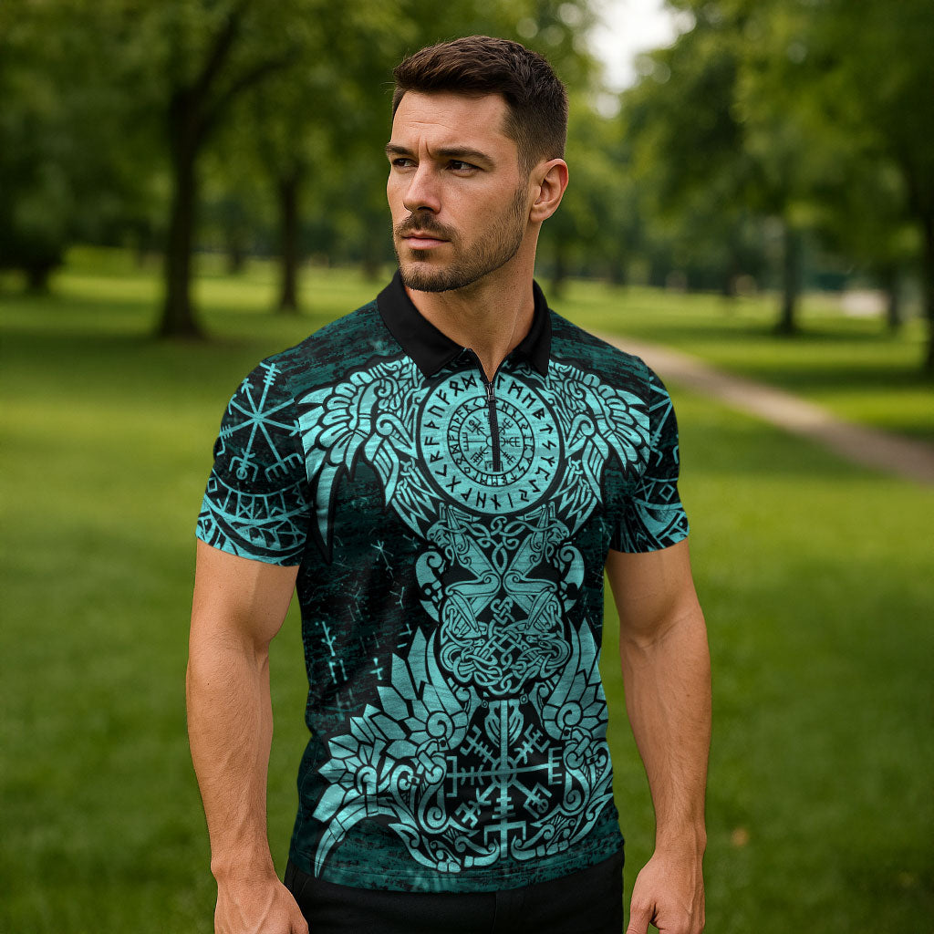 Valknut Ravens and Vegvisir Helm of Awe Zipper Polo Shirt Viking Nordic Celtic Knotwork Turquoise Runic Art