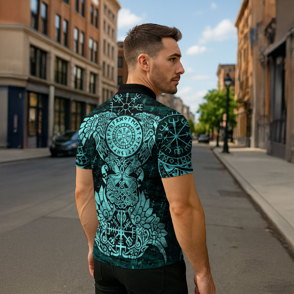 Valknut Ravens and Vegvisir Helm of Awe Zipper Polo Shirt Viking Nordic Celtic Knotwork Turquoise Runic Art