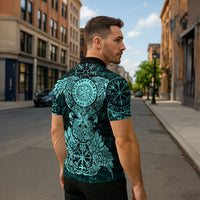 Valknut Ravens and Vegvisir Helm of Awe Zipper Polo Shirt Viking Nordic Celtic Knotwork Turquoise Runic Art