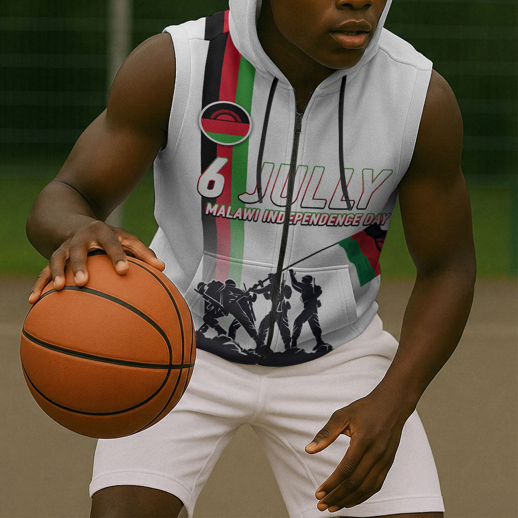 Malawi Independence Day Sleeveless Zip Hoodie Patriotic Flag Design Soldier Silhouette