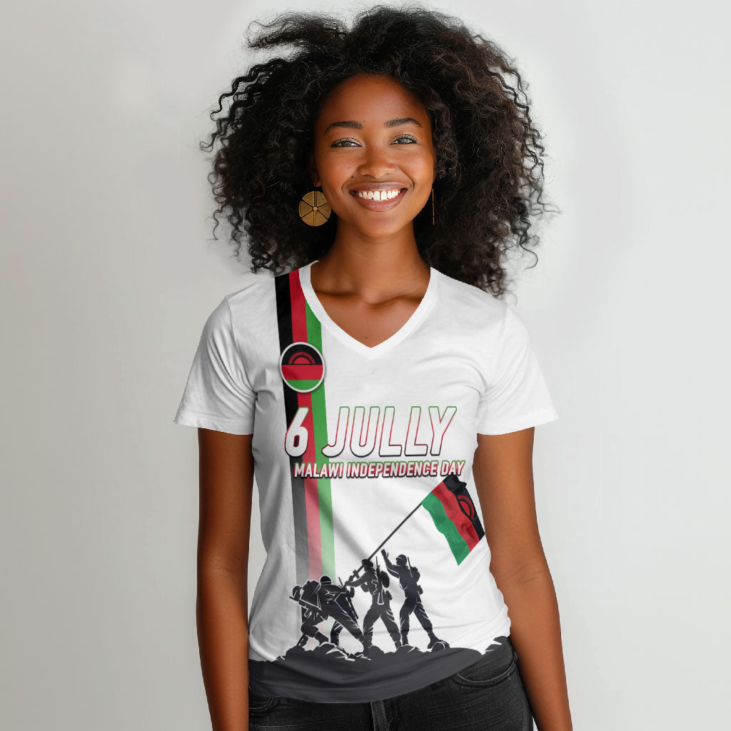 Malawi Independence Day Women V-Neck T-Shirt Patriotic Flag Design Soldier Silhouette