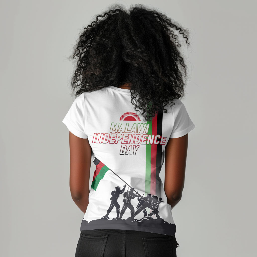 Malawi Independence Day Women V-Neck T-Shirt Patriotic Flag Design Soldier Silhouette