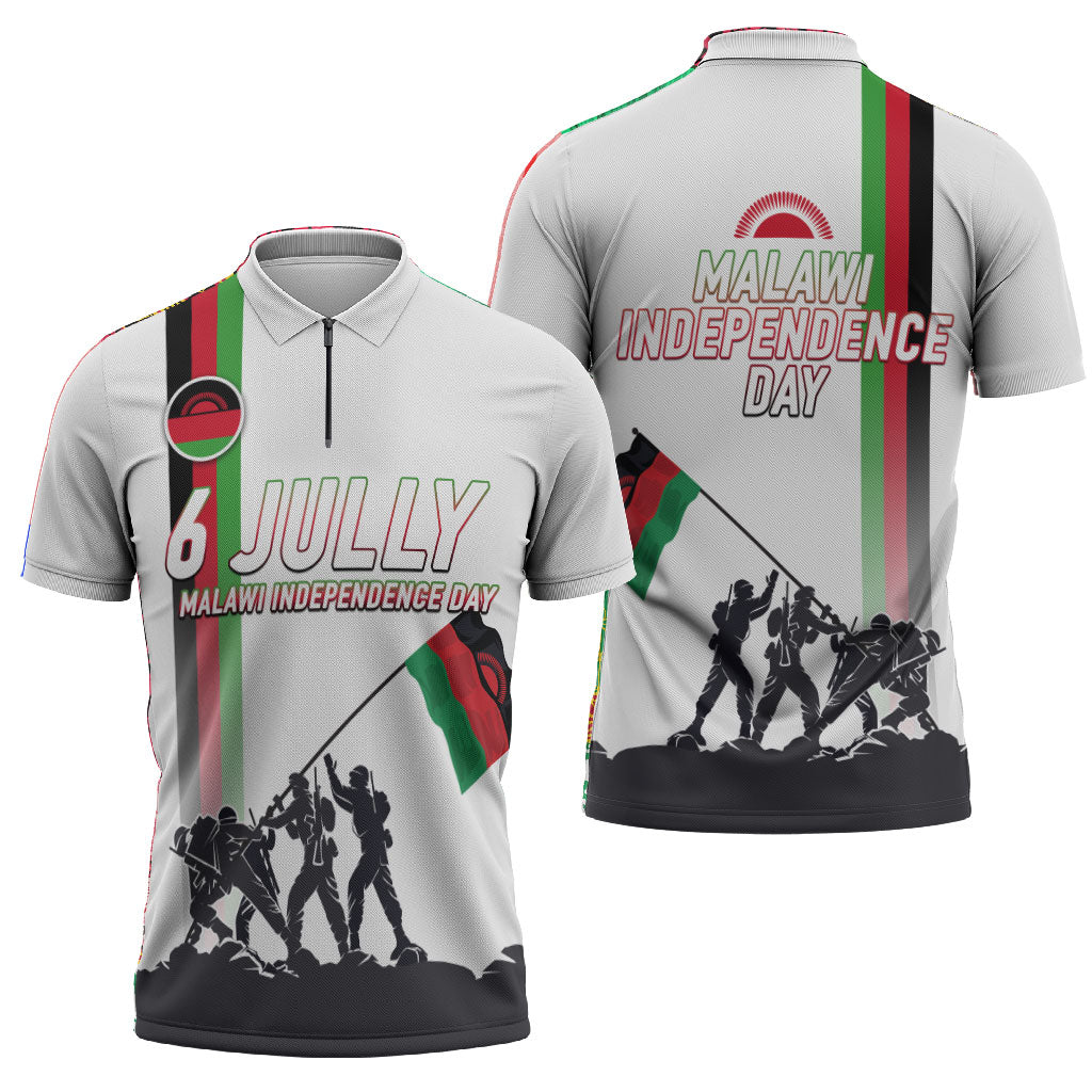 Malawi Independence Day Zipper Polo Shirt Patriotic Flag Design Soldier Silhouette