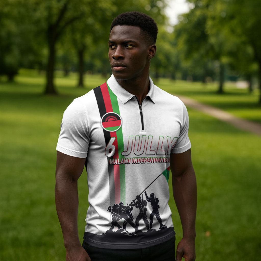 Malawi Independence Day Zipper Polo Shirt Patriotic Flag Design Soldier Silhouette