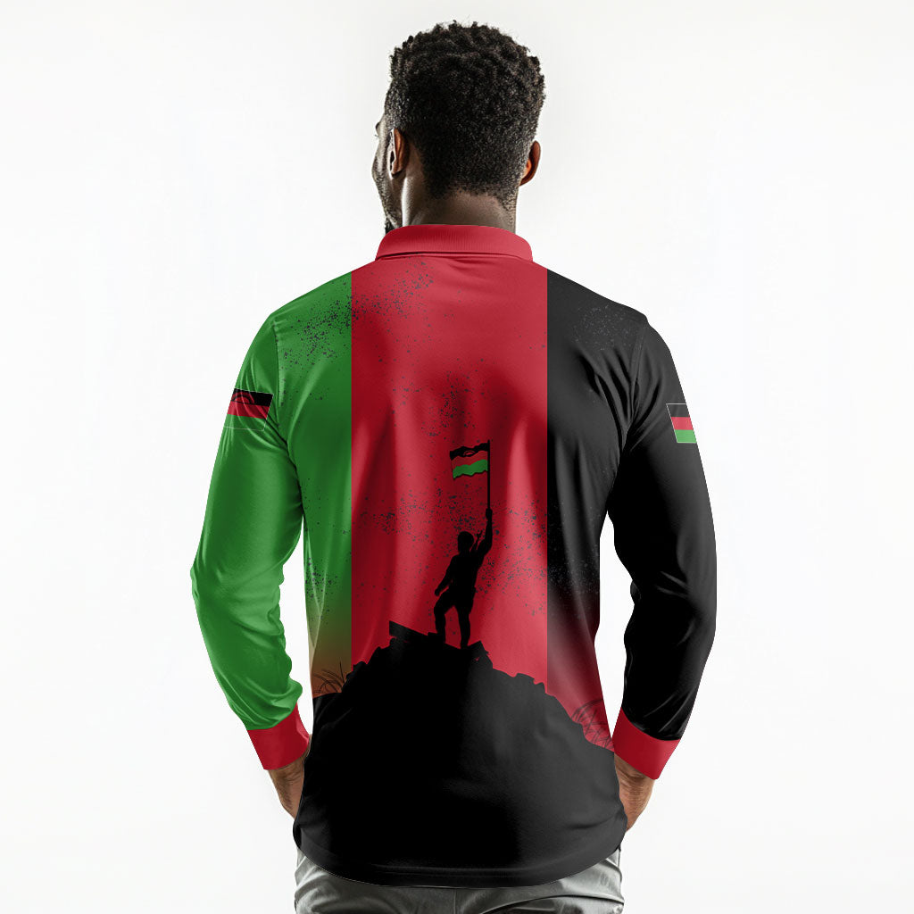 Malawi Independence Day 6 July Long Sleeve Polo Shirt Malawian Flag Grunge Soldier