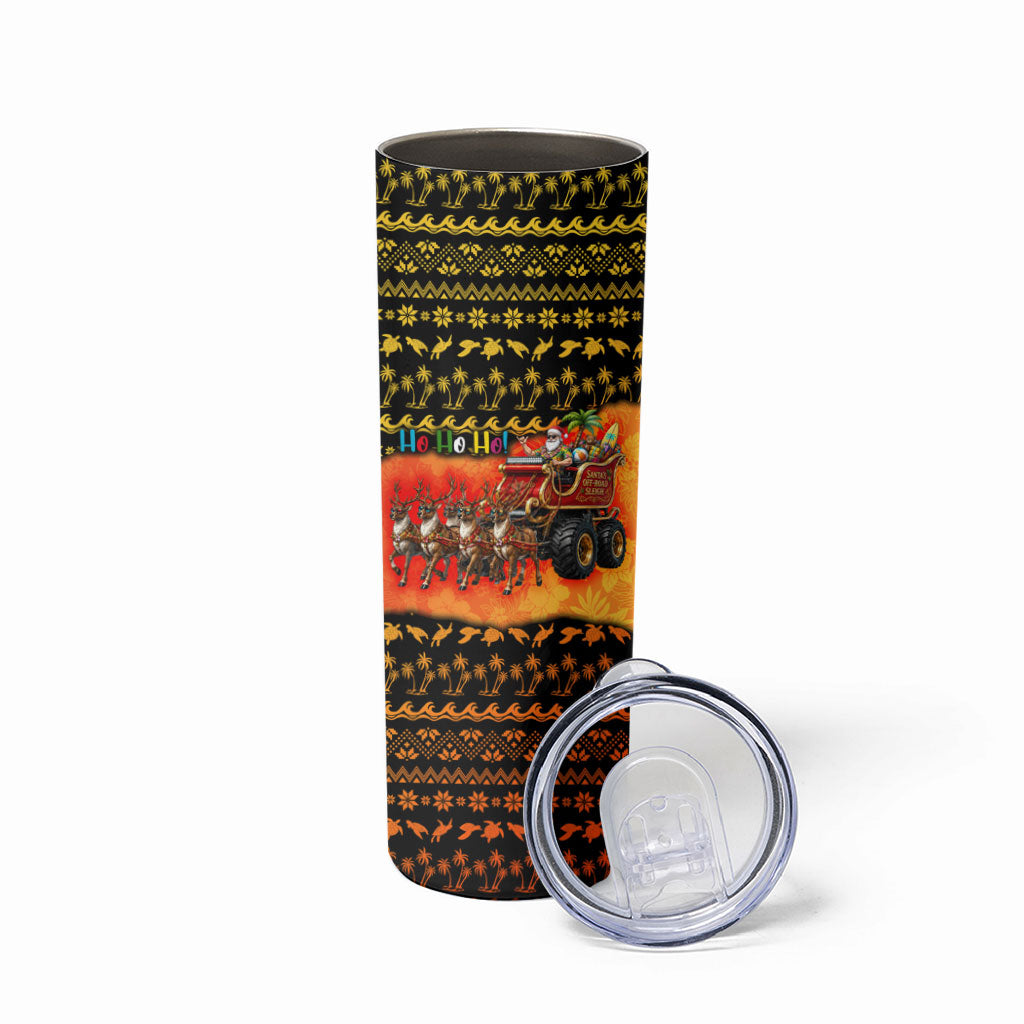 Tropical Christmas In July Santa Claus Skinny Tumbler Festive Hawaiian With Beach Reindeer Sleigh