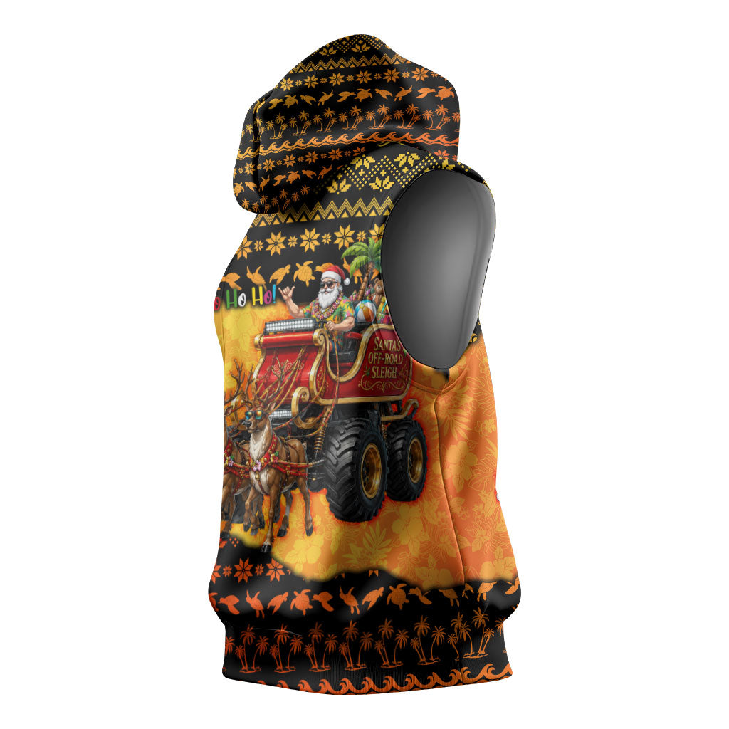 Tropical Christmas In July Santa Claus Sleeveless Hoodie Festive Hawaiian With Beach Reindeer Sleigh