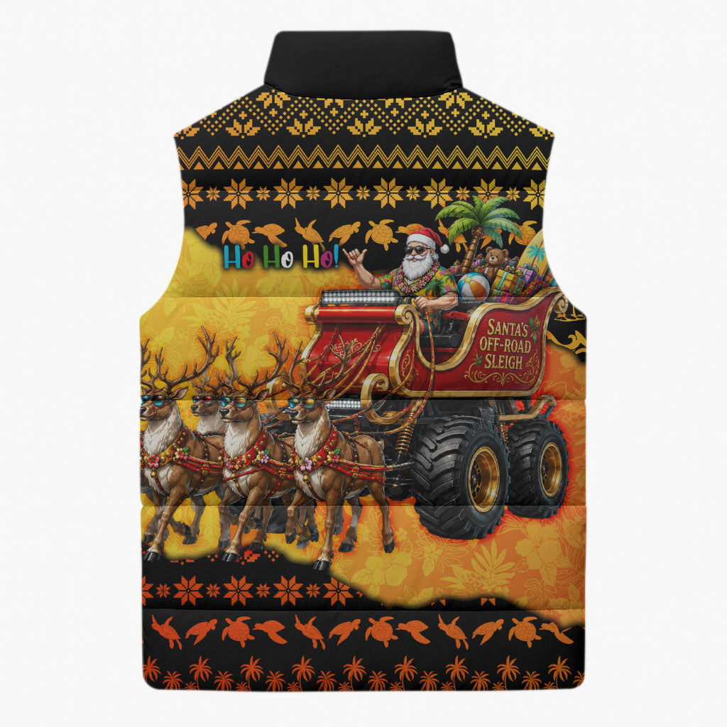 Tropical Christmas In July Santa Claus Sleeveless Puffer Jacket Festive Hawaiian With Beach Reindeer Sleigh