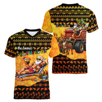 Tropical Christmas In July Santa Claus Women V-Neck T-Shirt Festive Hawaiian With Beach Reindeer Sleigh