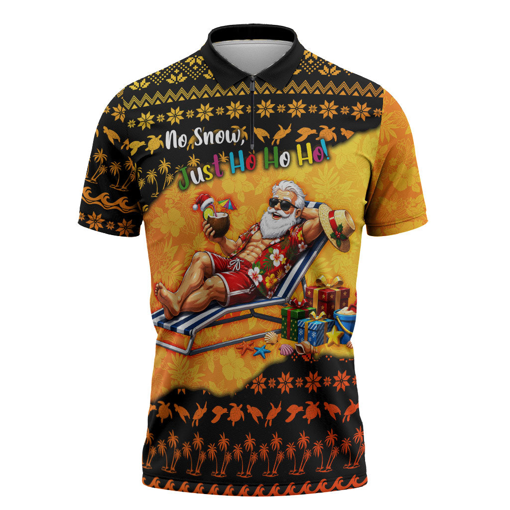 Tropical Christmas In July Santa Claus Zipper Polo Shirt Festive Hawaiian With Beach Reindeer Sleigh