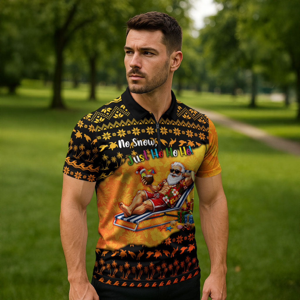 Tropical Christmas In July Santa Claus Zipper Polo Shirt Festive Hawaiian With Beach Reindeer Sleigh