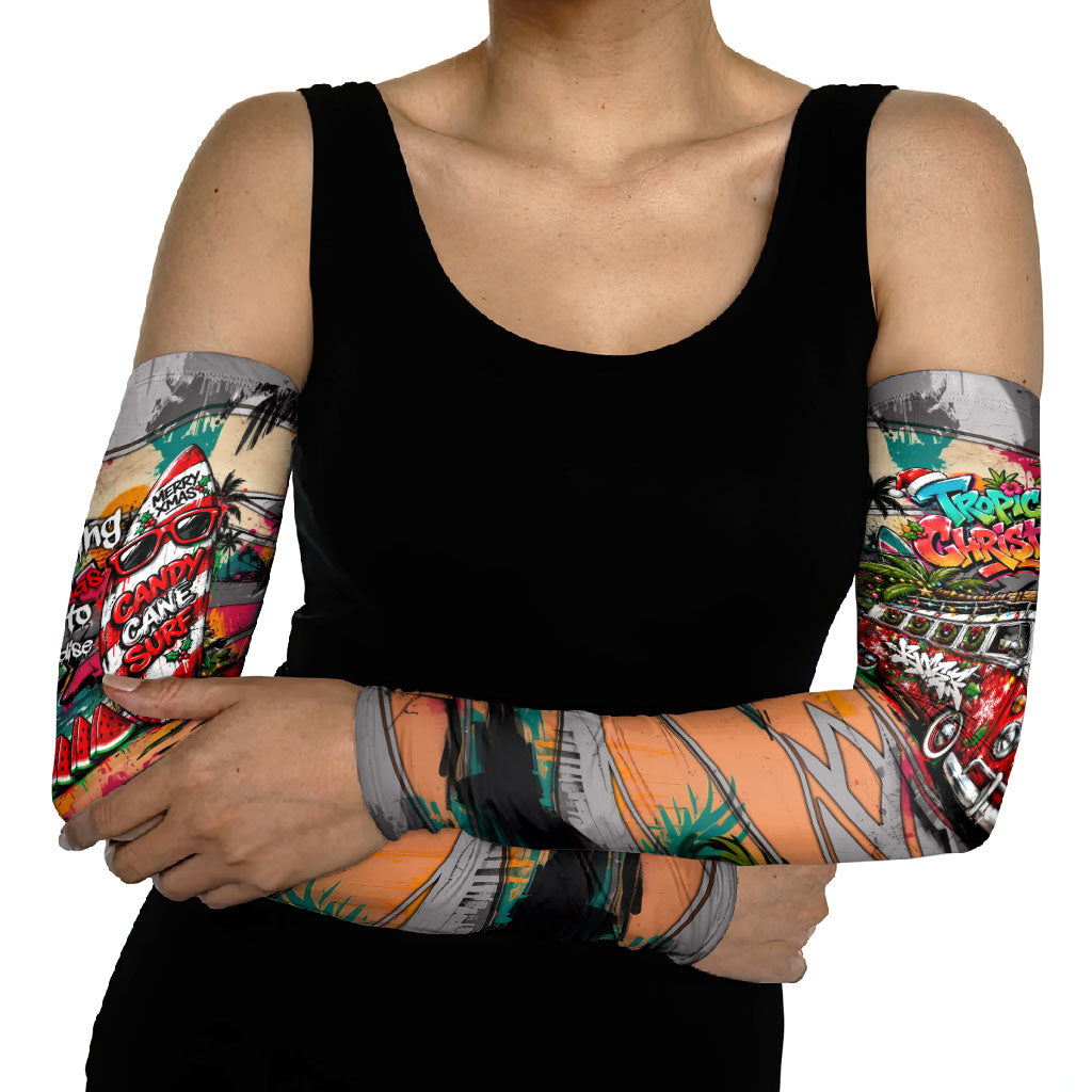 Tropical Christmas In July Candy Cane Surf Arm Sleeves Vibrant Street Art Beach Graffiti Graphic