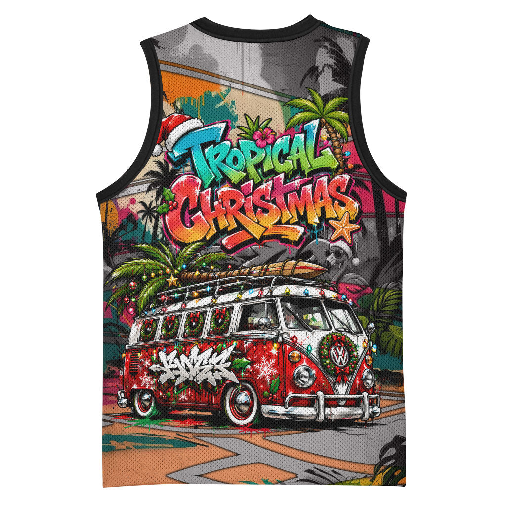 Tropical Christmas In July Candy Cane Surf Basketball Jersey Vibrant Street Art Beach Graffiti Graphic