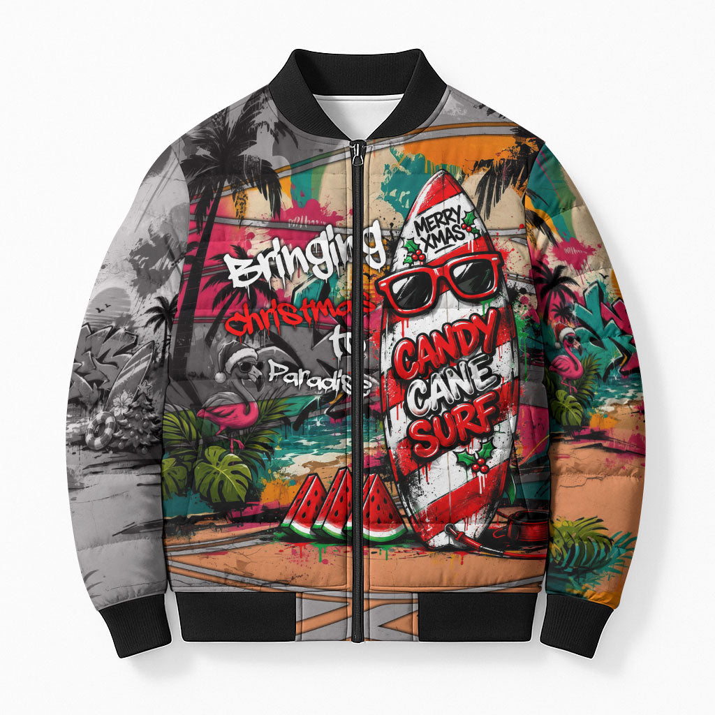 Tropical Christmas In July Candy Cane Surf Bomber Puffer Jacket Vibrant Street Art Beach Graffiti Graphic