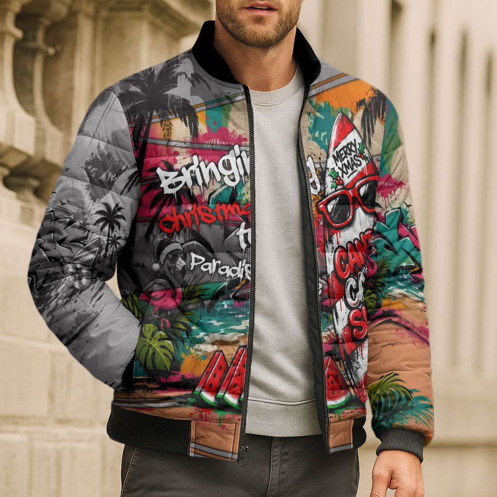 Tropical Christmas In July Candy Cane Surf Bomber Puffer Jacket Vibrant Street Art Beach Graffiti Graphic