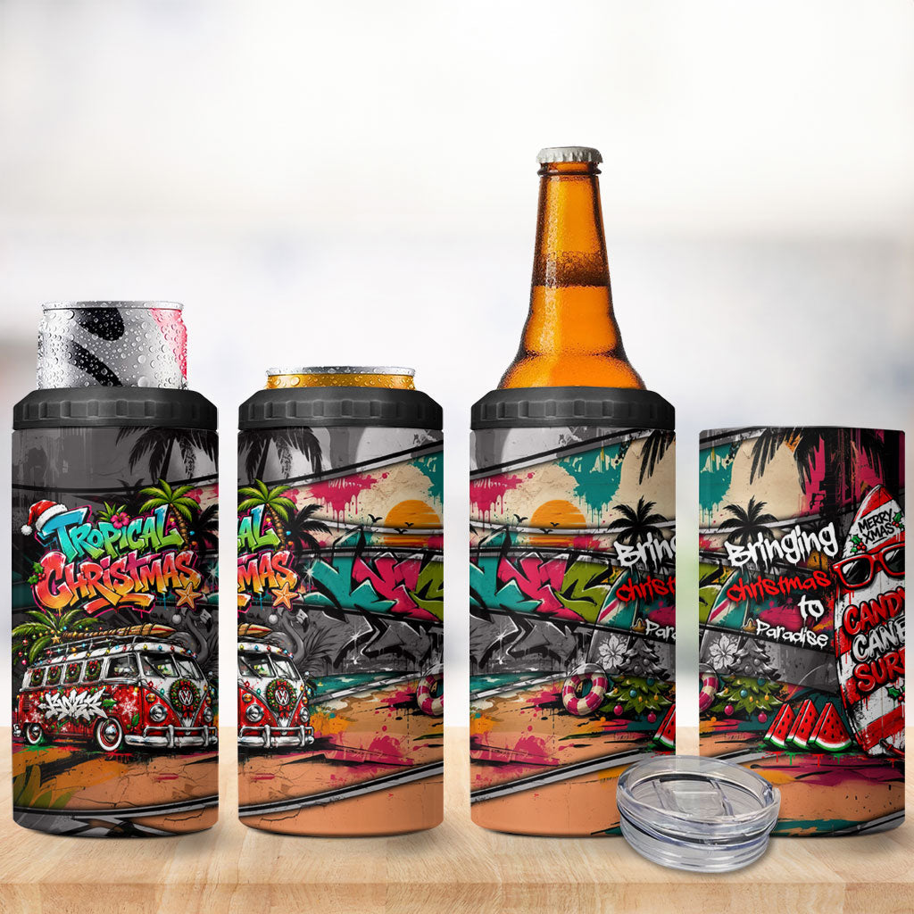 Tropical Christmas In July Candy Cane Surf 4 in 1 Can Cooler Tumbler Vibrant Street Art Beach Graffiti Graphic