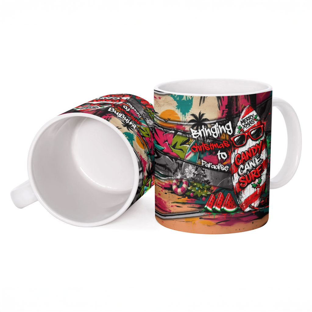 Tropical Christmas In July Candy Cane Surf Ceramic Mug Vibrant Street Art Beach Graffiti Graphic