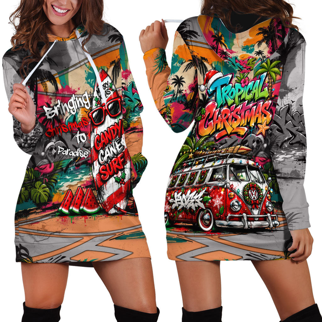 Tropical Christmas In July Candy Cane Surf Hoodie Dress Vibrant Street Art Beach Graffiti Graphic