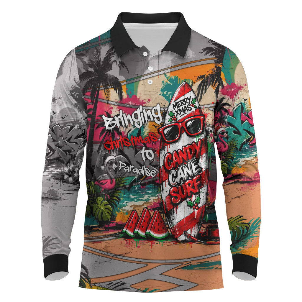 Tropical Christmas In July Candy Cane Surf Long Sleeve Polo Shirt Vibrant Street Art Beach Graffiti Graphic