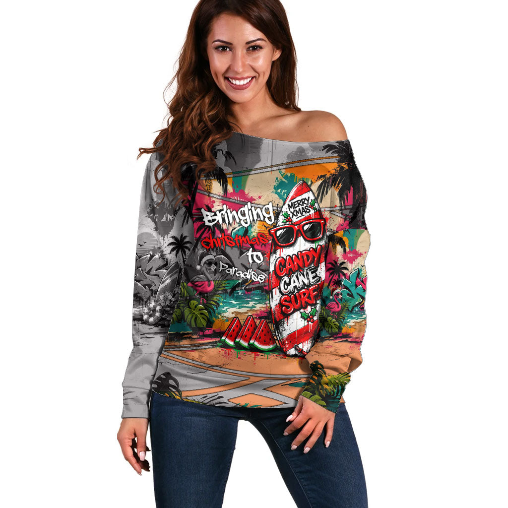 Tropical Christmas In July Candy Cane Surf Off Shoulder Sweater Vibrant Street Art Beach Graffiti Graphic