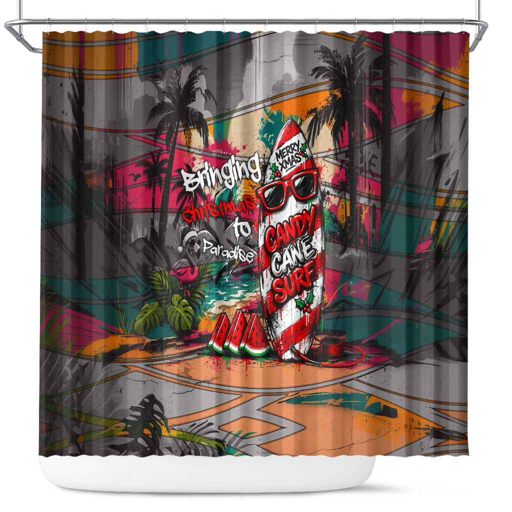 Tropical Christmas In July Candy Cane Surf Shower Curtain Vibrant Street Art Beach Graffiti Graphic