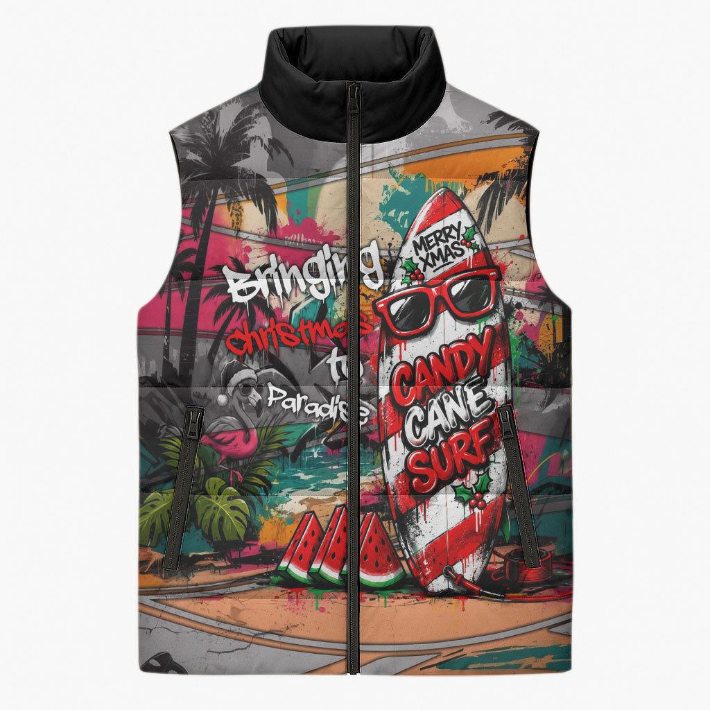 Tropical Christmas In July Candy Cane Surf Sleeveless Puffer Jacket Vibrant Street Art Beach Graffiti Graphic