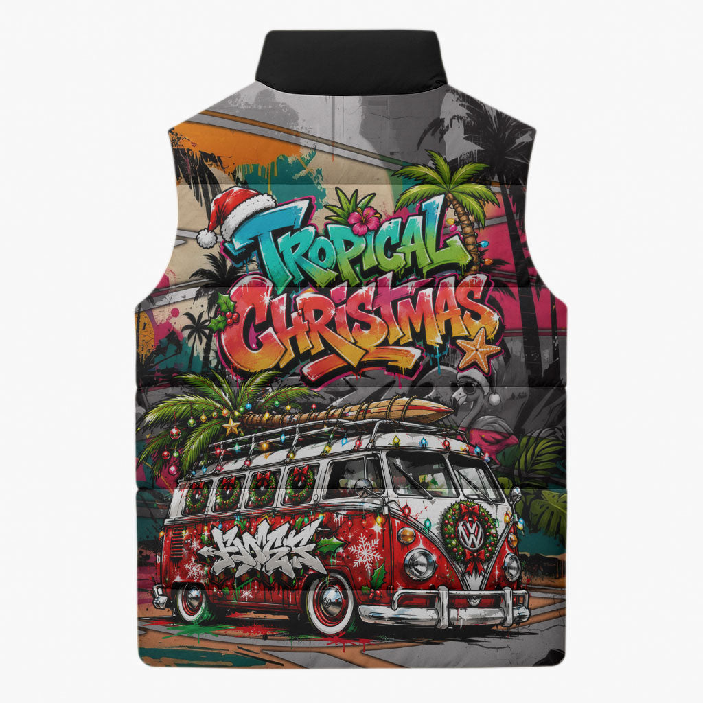Tropical Christmas In July Candy Cane Surf Sleeveless Puffer Jacket Vibrant Street Art Beach Graffiti Graphic
