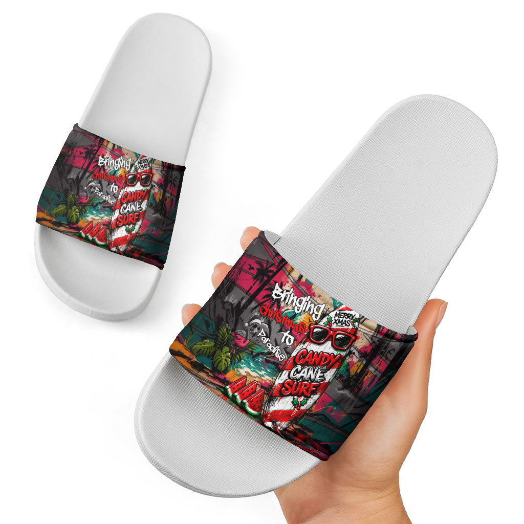 Tropical Christmas In July Candy Cane Surf Slide Sandals Vibrant Street Art Beach Graffiti Graphic