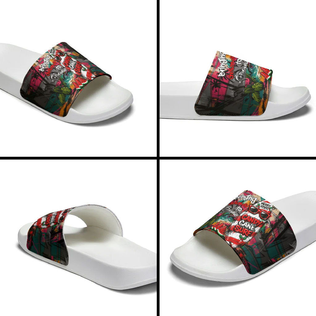 Tropical Christmas In July Candy Cane Surf Slide Sandals Vibrant Street Art Beach Graffiti Graphic