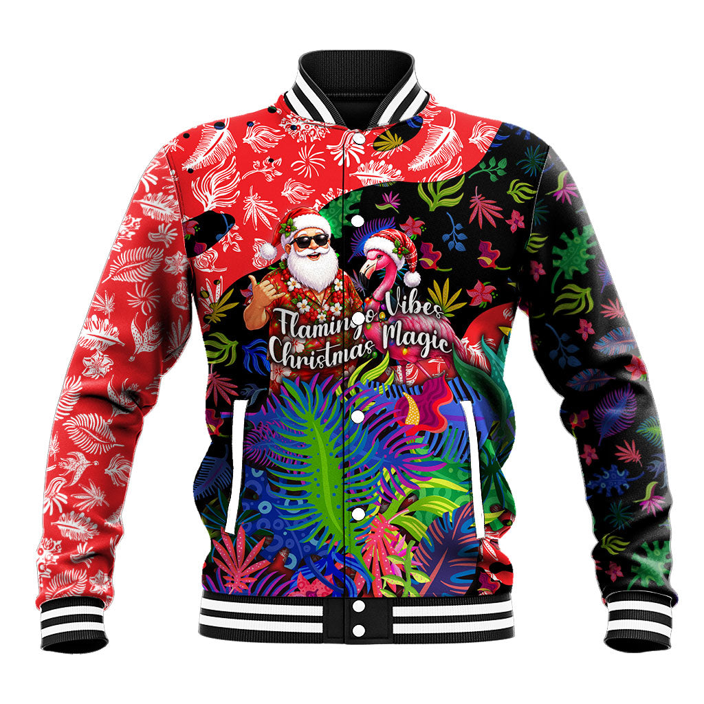 Christmas In July Flamingo Baseball Jacket Magic Santa Claus Festive Tropical Hawaiian Beach Birds