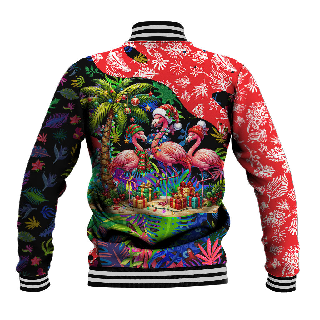 Christmas In July Flamingo Baseball Jacket Magic Santa Claus Festive Tropical Hawaiian Beach Birds