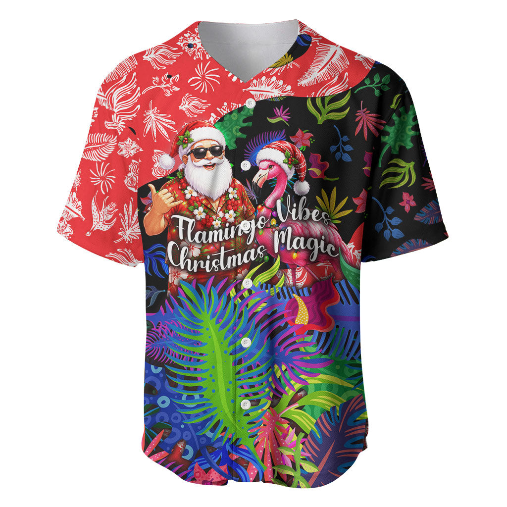 Christmas In July Flamingo Baseball Jersey Magic Santa Claus Festive Tropical Hawaiian Beach Birds