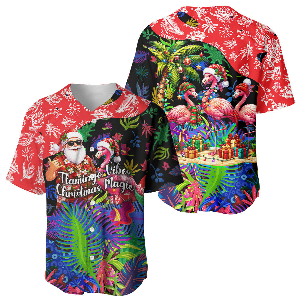 Christmas In July Flamingo Baseball Jersey Magic Santa Claus Festive Tropical Hawaiian Beach Birds