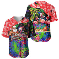 Christmas In July Flamingo Baseball Jersey Magic Santa Claus Festive Tropical Hawaiian Beach Birds