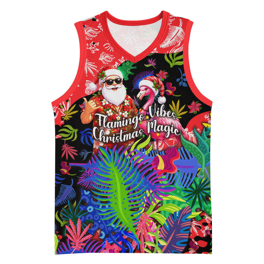 Christmas In July Flamingo Basketball Jersey Magic Santa Claus Festive Tropical Hawaiian Beach Birds