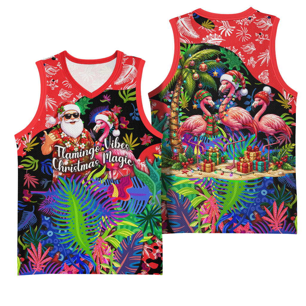 Christmas In July Flamingo Basketball Jersey Magic Santa Claus Festive Tropical Hawaiian Beach Birds