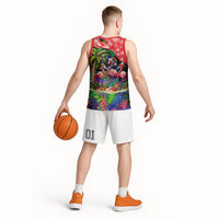 Christmas In July Flamingo Basketball Jersey Magic Santa Claus Festive Tropical Hawaiian Beach Birds