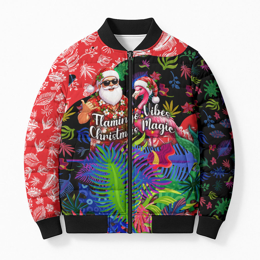 Christmas In July Flamingo Bomber Puffer Jacket Magic Santa Claus Festive Tropical Hawaiian Beach Birds