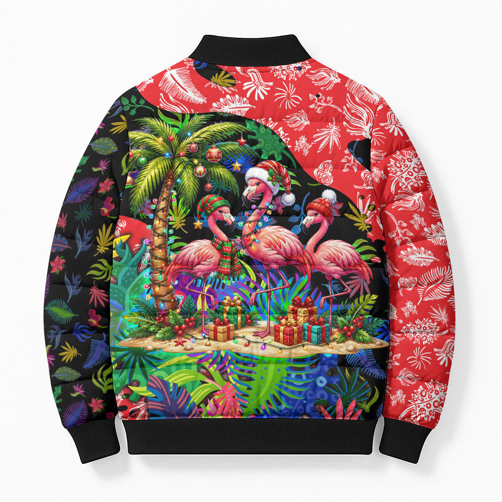 Christmas In July Flamingo Bomber Puffer Jacket Magic Santa Claus Festive Tropical Hawaiian Beach Birds