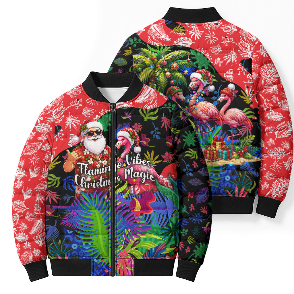 Christmas In July Flamingo Bomber Puffer Jacket Magic Santa Claus Festive Tropical Hawaiian Beach Birds