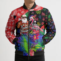 Christmas In July Flamingo Bomber Puffer Jacket Magic Santa Claus Festive Tropical Hawaiian Beach Birds