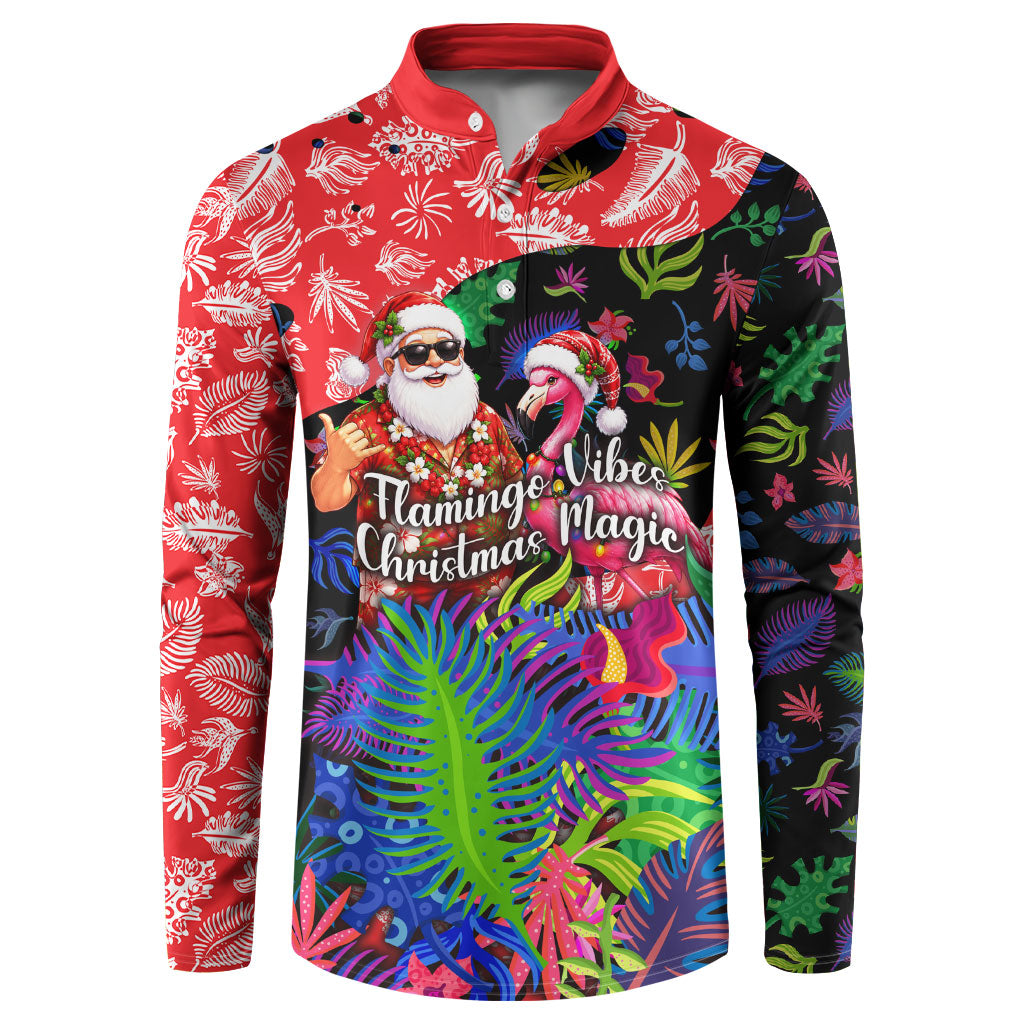 Christmas In July Flamingo Button Sweatshirt Magic Santa Claus Festive Tropical Hawaiian Beach Birds