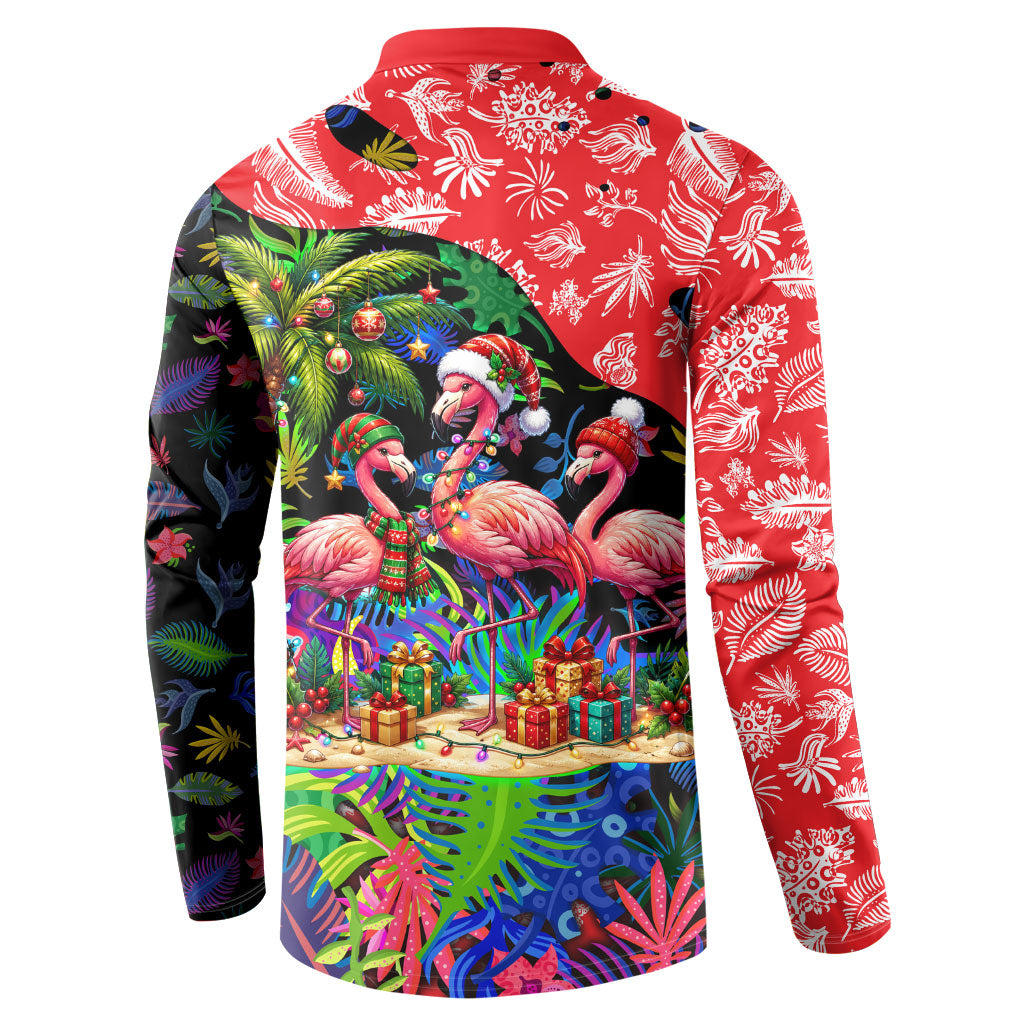 Christmas In July Flamingo Button Sweatshirt Magic Santa Claus Festive Tropical Hawaiian Beach Birds