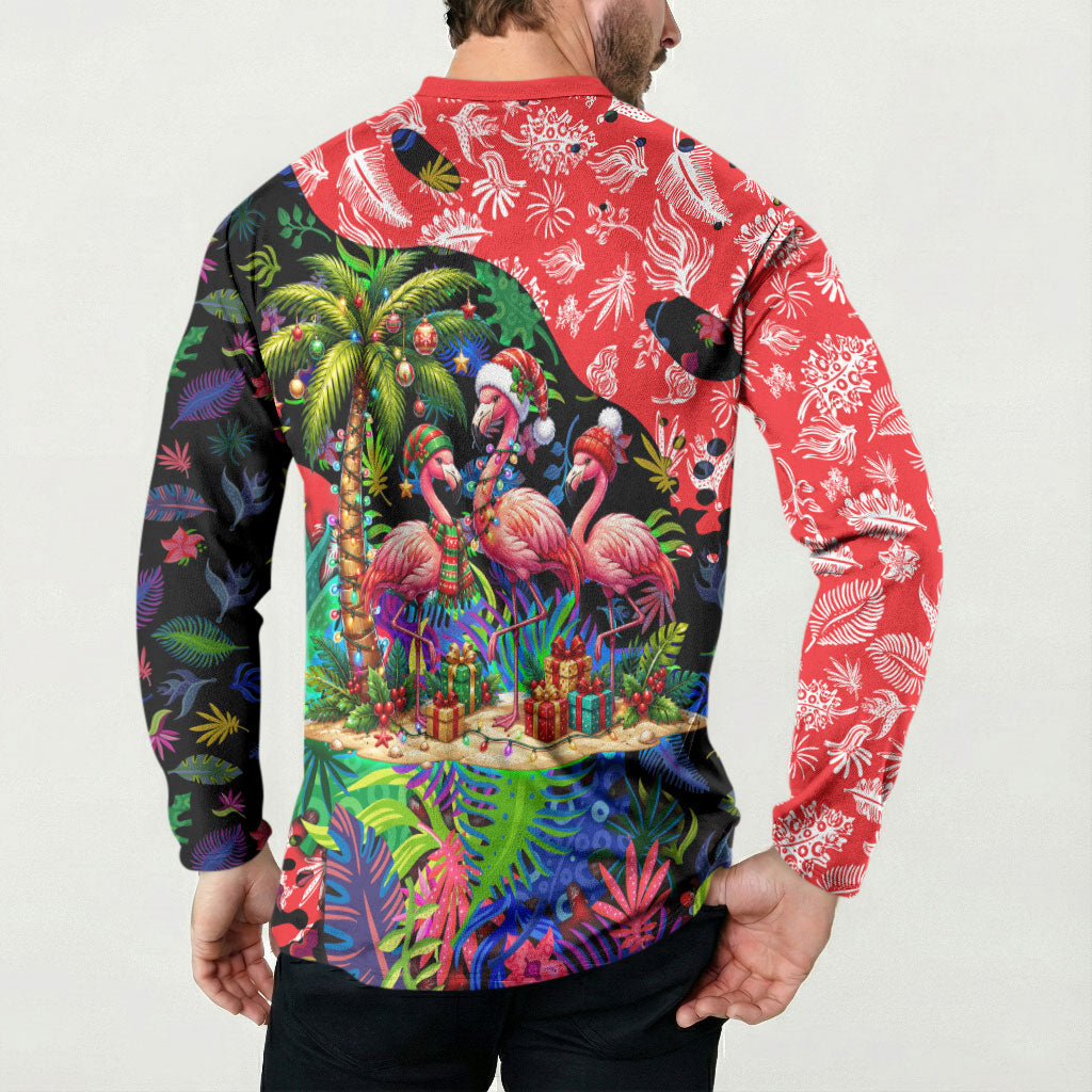 Christmas In July Flamingo Button Sweatshirt Magic Santa Claus Festive Tropical Hawaiian Beach Birds