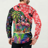 Christmas In July Flamingo Button Sweatshirt Magic Santa Claus Festive Tropical Hawaiian Beach Birds